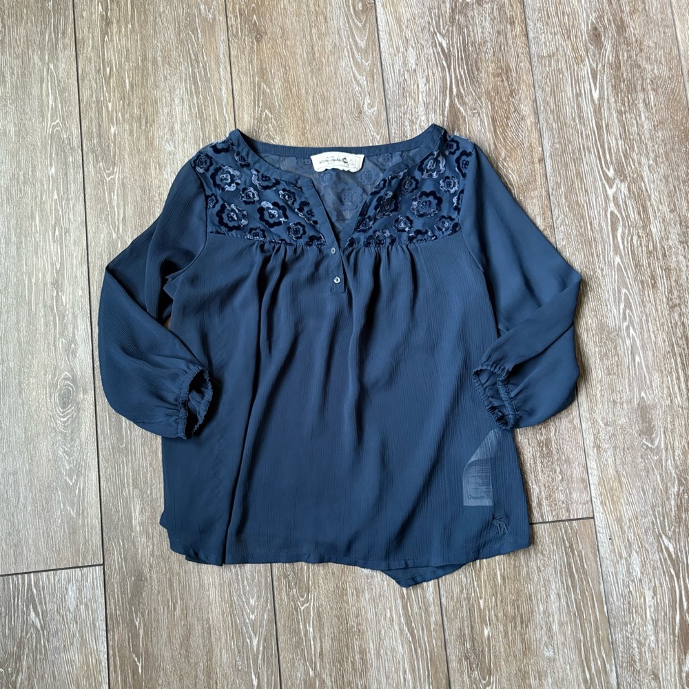 Abercrombie Kids‎ Navy Blue Sheer Embroidered Blouse